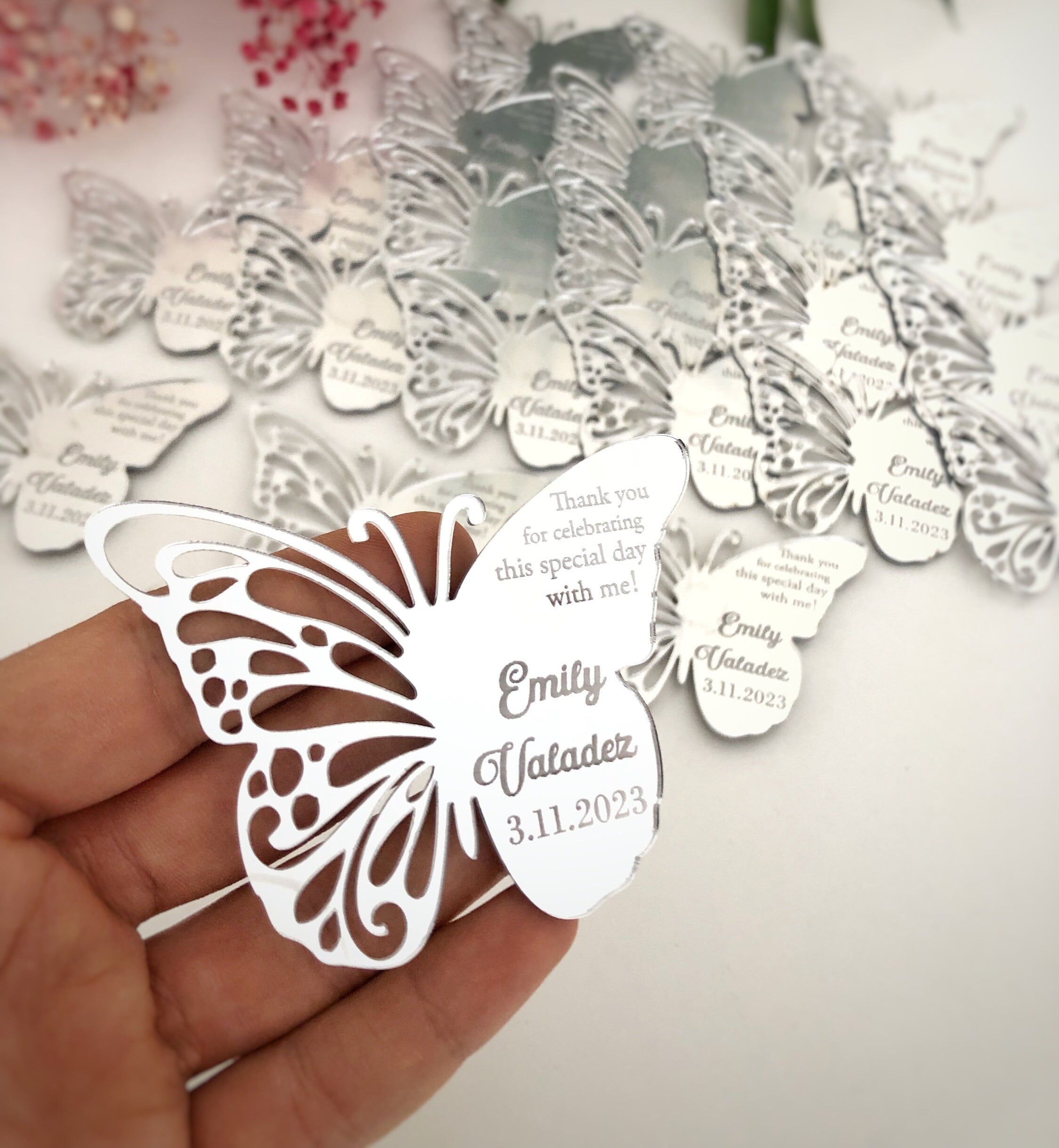 Personalized Butterfly Mirror Magnet: Wedding, Sweet 16, Baby Shower Favors