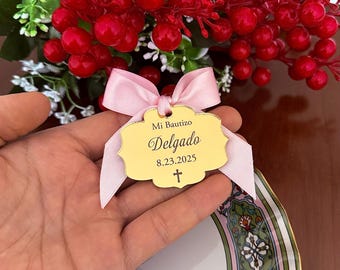Personalized Mirror Christening Favor Tags with Ribbon