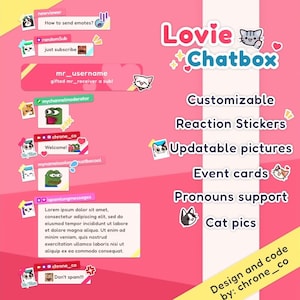 Może przedstawiać: Różowa i biała ilustracja kota z dymkiem, w którym widnieje napis "Lovie Chatbox". Ilustracja jest otoczona innymi ilustracjami kotów i tekstem, który brzmi: "Dostosowywane naklejki reakcji", "Aktualizowane zdjęcia", "Karty wydarzeń", "Wsparcie dla zaimków", "Zdjęcia kotów" oraz "Projekt i kod: chrone_co".