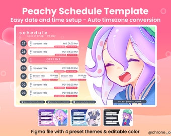 Peachy Stream Schedule Template - Multi Timezone Automated Weekly Schedule for Vtubers and Twitch Streamers