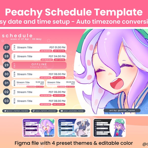Peachy Stream Zeitplan Vorlage - Multi Timezone Automatisierter Wochenplan für Vtuber und Twitch Streamer
