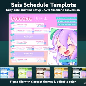 Puede incluir: Una plantilla de horario rosa y azul con un personaje de dibujos animados lindo. La plantilla es para un streamer e incluye espacio para títulos de transmisión, fechas, horas y nombres de redes sociales. La plantilla está disponible en seis temas preestablecidos y es editable.