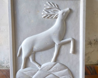 Decorative Handcrafted Marble Deer Wall Panel, Indian Wall Panel