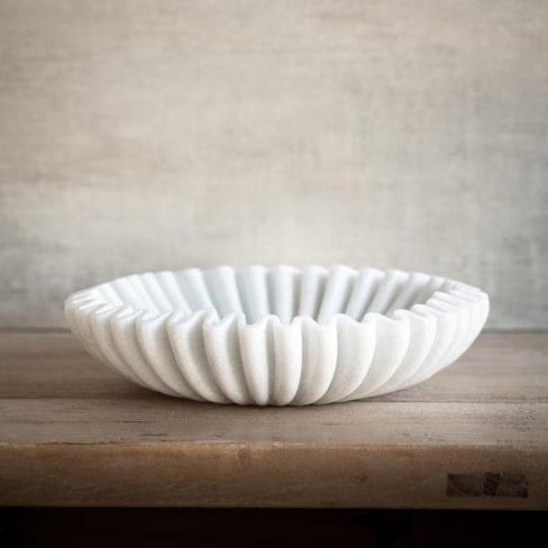 Handcrafted marble decorative bowl, White Marble Flower shaped Bowl for Home, Office Decoration, Handcrafted Ripple Marble Bowl