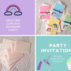 Invitations for Birthday, Baby shower, Sleepover and other parties party  | 16 cards & envelopes set | Unicorn rainbow cupcake party theme