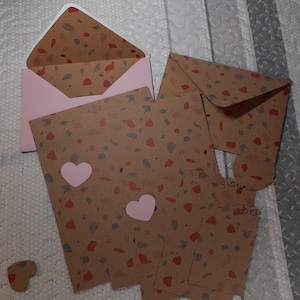 Stationery set: pastel confetti | envelopes, letter paper cards and tags | fall collection, paper kraft | soft pink, blue and red | abstract