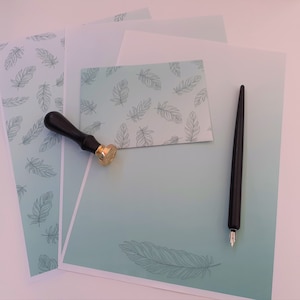 Conjunto de papelería Blue Gradient Feather, papel de escritura digital y sobre / papel de carta imprimible etéreo minimalista, conjunto de escritura de cartas