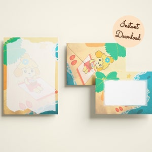 Conjunto de cartas Isabelle na praia Animal Crossing, papel digital, envelope digital | conjunto escrita para correio para imprimir nintendo