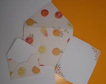 Stationery set: citrus | envelopes and card | jungle collection | exotic fruit, lemon, lime, grapefruit, tropical kit | yellow, orange, red