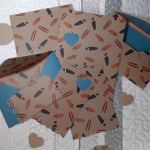 Stationery set: Surfboard | envelopes, letter paper cards and tags | fall collection, paper kraft | sea motifs, surfboard, blue, orange, red