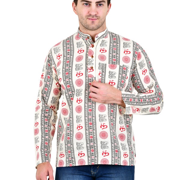 ldhsati Men's Cotton Solid Casual Straight Short Om (Shree Radha Krishna ji) Printed Kurta for Men (Man's) Traveling Kurta, Kurta for Events