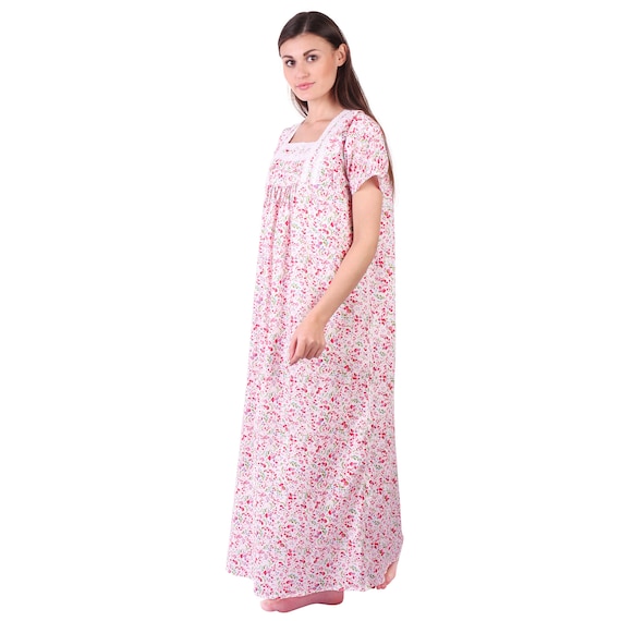 Women's Cotton Nighty/Night Gown with Frill - Free Size (Blue & Pink) | eBay