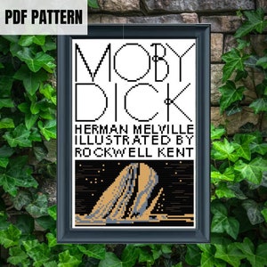 Puede incluir: Un patrón de punto de cruz en blanco y negro de la portada del libro Moby Dick de Herman Melville, ilustrado por Rockwell Kent. La portada presenta una imagen estilizada de una ballena contra un cielo estrellado.