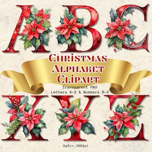 Aquarela PNG Vermelho Natal Alfabeto Clipart, Letras de Natal Clip art, Fonte de Natal png, Sublimação de Alfabeto Floral Noel, Monograma