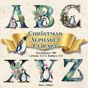 Alfabeto de acuarela de Navidad PNG Clipart de pingüino, Clipart de Navidad, Gráficos navideños, Descarga digital, Alfabeto infantil imprimible