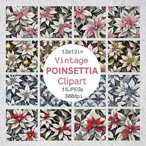 Vintage Christmas Poinsettia Patterns: Pink, Blue & Gold Clipart (16 JPEGs, 12x12in)
