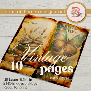 Páginas de diário de lixo de borboleta vintage, papéis rústicos pela metade, scrapbook de diário de lixo, folha de colagem, papel artesanal, itens efêmeros, download digital