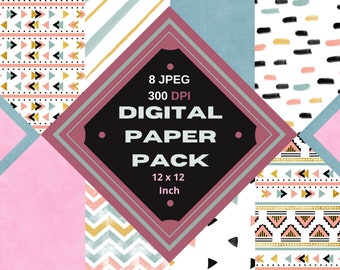 May include: A digital paper pack with 8 different patterns. The patterns include geometric shapes, stripes, and brushstrokes in pink, blue, gold, and black. The pack is 300 DPI and each paper is 12x12 inches.