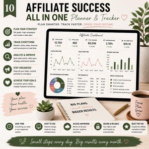 May include: An affiliate success planner and tracker digital dashboard displayed on a tablet screen, featuring charts, data metrics, and a weekly action plan. Includes a spiral-bound notebook, a gold pen, a small succulent, and a mug with text.