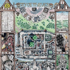 Peut inclure: Une carte dessinée à la main d'une ville fantastique appelée "City of Thieves". La carte est dessinée dans un style aquarelle et présente une variété de bâtiments, de rues et de points de repère. La carte est entourée d'un cadre en bois et comprend une légende avec divers objets et leurs valeurs correspondantes.
