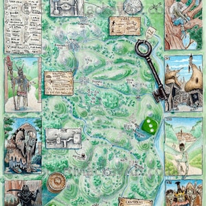 Pode incluir: Um mapa detalhado, desenhado à mão, das Colinas Shamutanti da série de livros de jogos Fighting Fantasy. O mapa apresenta vários locais, ilustrações e elementos de jogo, como dados e uma chave. A paleta de cores é dominada por verdes e castanhos.
