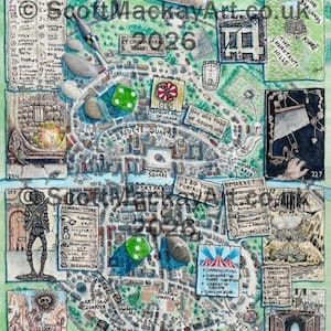 May include: A detailed, hand-drawn map of Khare, the Cityport of Traps, from Fighting Fantasy. The map features various locations, illustrations, and text labels, including the Redeye Quarter and the Market Area. The artwork is colorful and whimsical, with dice and other game elements.