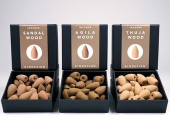 Paquete de conos de incienso Backflow - zen, natural, puro - 3x30 piezas - sándalo, agilawood, thujawood