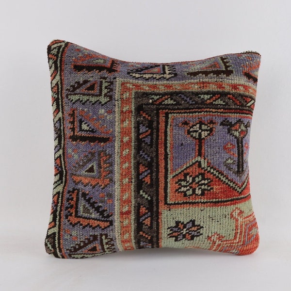 Vintage Kilim Pillow, 16x16 Pillow Cover, Handwoven Turkish Kilim Pillow, Decorative Throw Pillow, Boho Aztec Pillow, Wool Cushion Cover