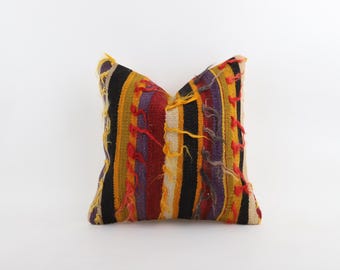 Vintage Handwoven Kilim Pillow Cover: 16x16 Turkish Wool Cushion