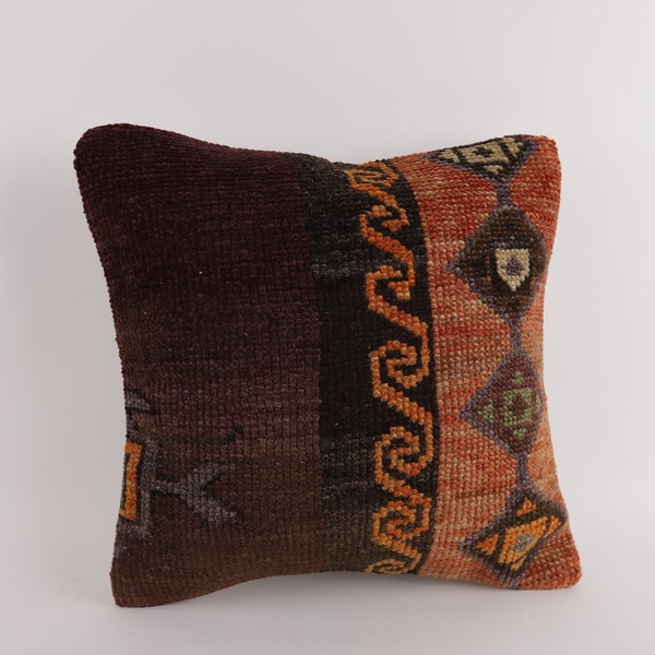 18x18 Turkish Kilim Pillow, Bohemian Kilim Pillow, Textured Carpet Pillow, Sofa Accent Kilim Lumbar Pillow, Turkey Pillow, Home Decor