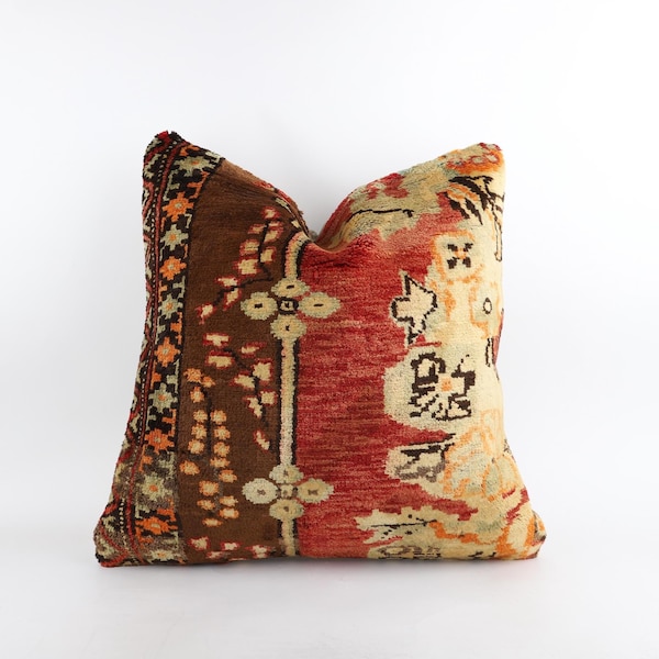 Vintage Turkish Kilim Pillow Cover, 24x24 Boho Carpet Cushion, Wool Anatolian Home Decor