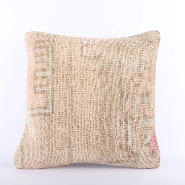 Vintage Kilim Pillow, 18x18 Turkish Kilim Pillow, Handwoven Carpet Pillow, Organic Textured Pillow, Ethnic Fabric, Turkey Pillow, Beeding