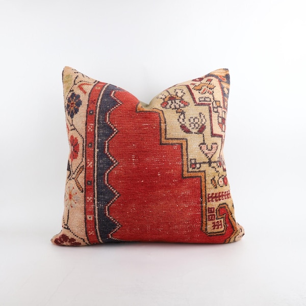 Vintage Kilim Pillow Cover, 24x24 Boho Wool Cushion, Tribal Accent Sofa Pillow