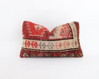 Handwoven Kilim Pillow Cover: Vintage Turkish Wool, Boho Throw (12x20)
