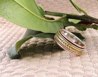 Spinning Silver, Copper and  Brass ring, Spinner Ring for relaxation, Beautiful Ring for her, Boho ring for women, Handmade Ring stamped 925