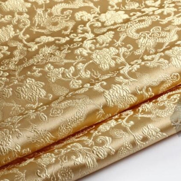 Light gold color brocade fabric with dragons, jacquard fabric, dragon style brocade fabric, cosplay dress fabric, for costume