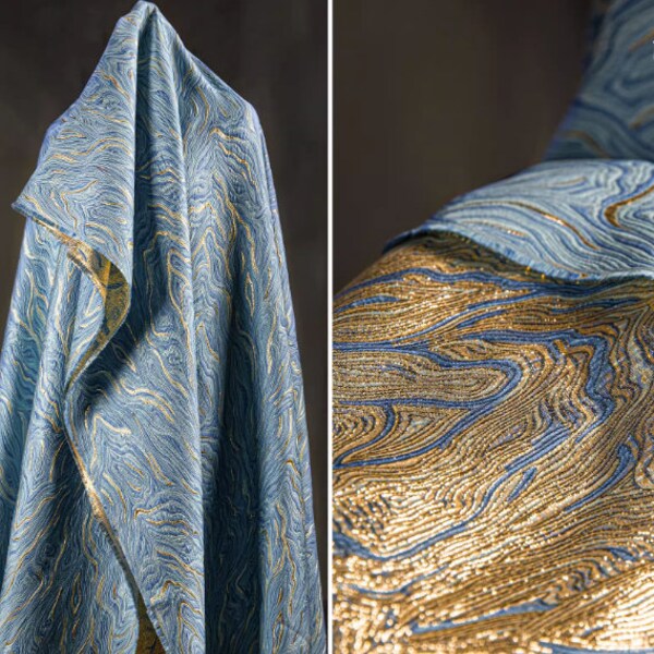 SALE, Light blue and golden color jacquard fabric, wave pattern jacquard fabric, jacket dress fabric, prom dress fabric