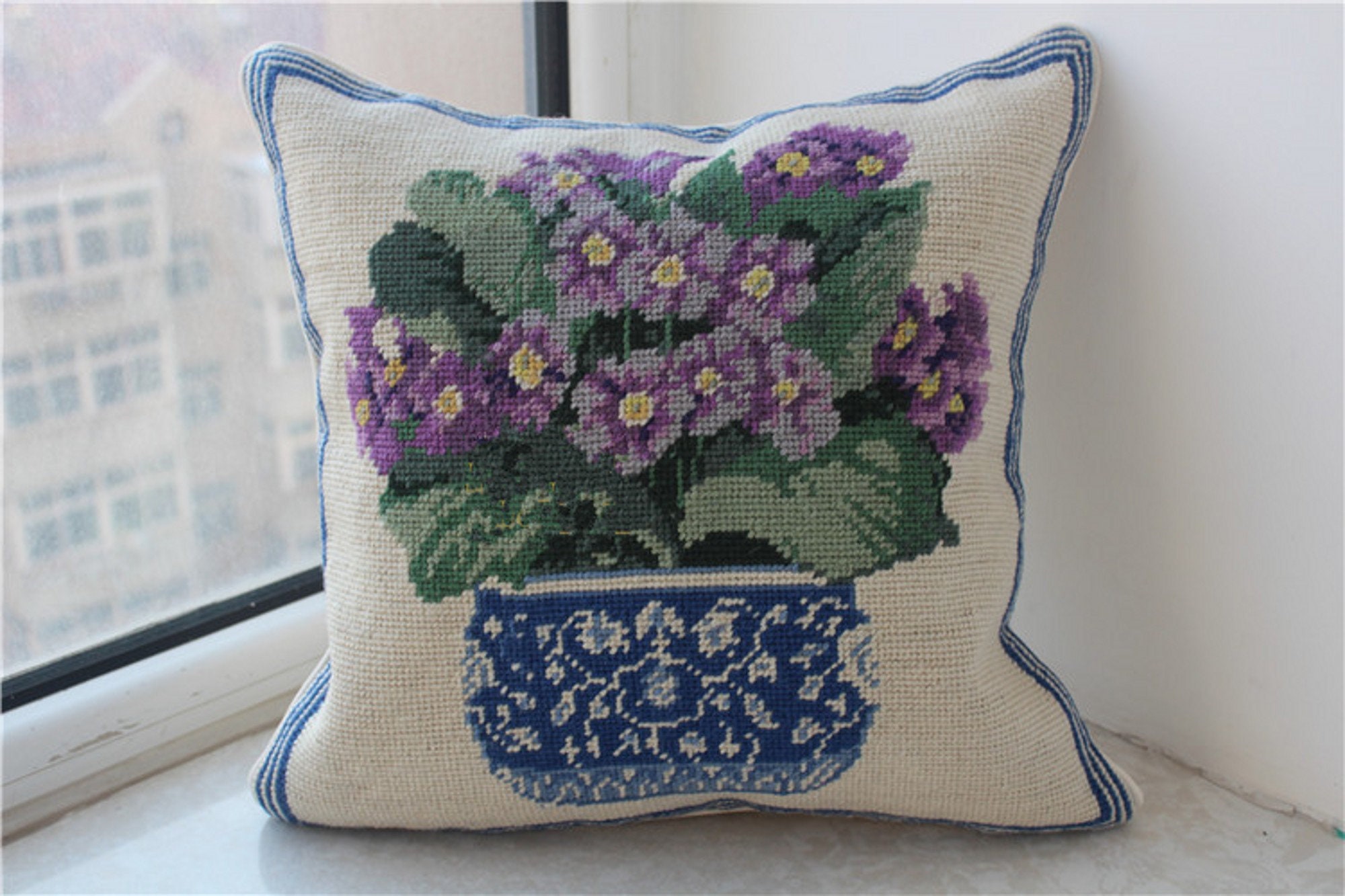 Blue Decorative Pillow Floral Needlepoint Finishing Pillow | Etsy