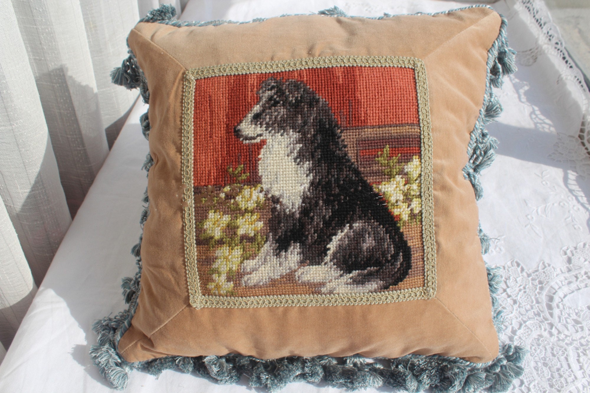 Handmade Needlepoint Dog Pillow New Zealand Wool Embroidered Etsy