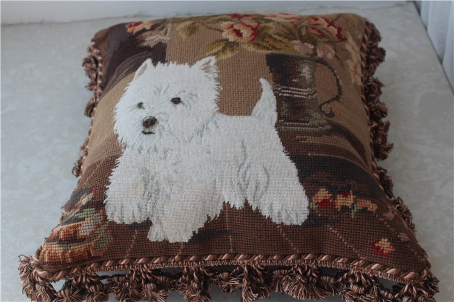 Victorian Needlepoint Dog Pillow Handcrafted Bichon Frise Etsy