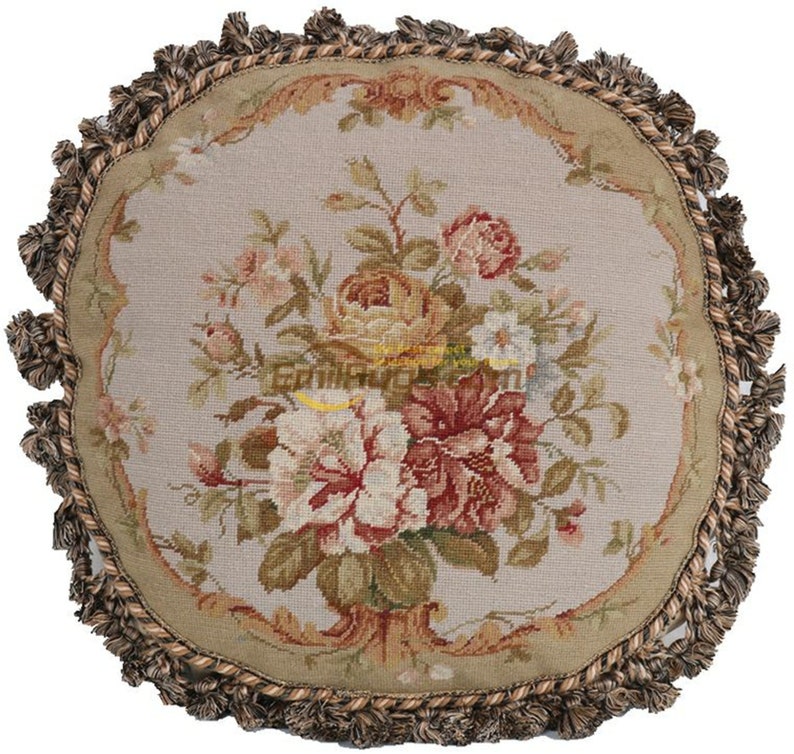 Round Antique French Needlepoint Boxed Throw Pillow Handmade Etsy