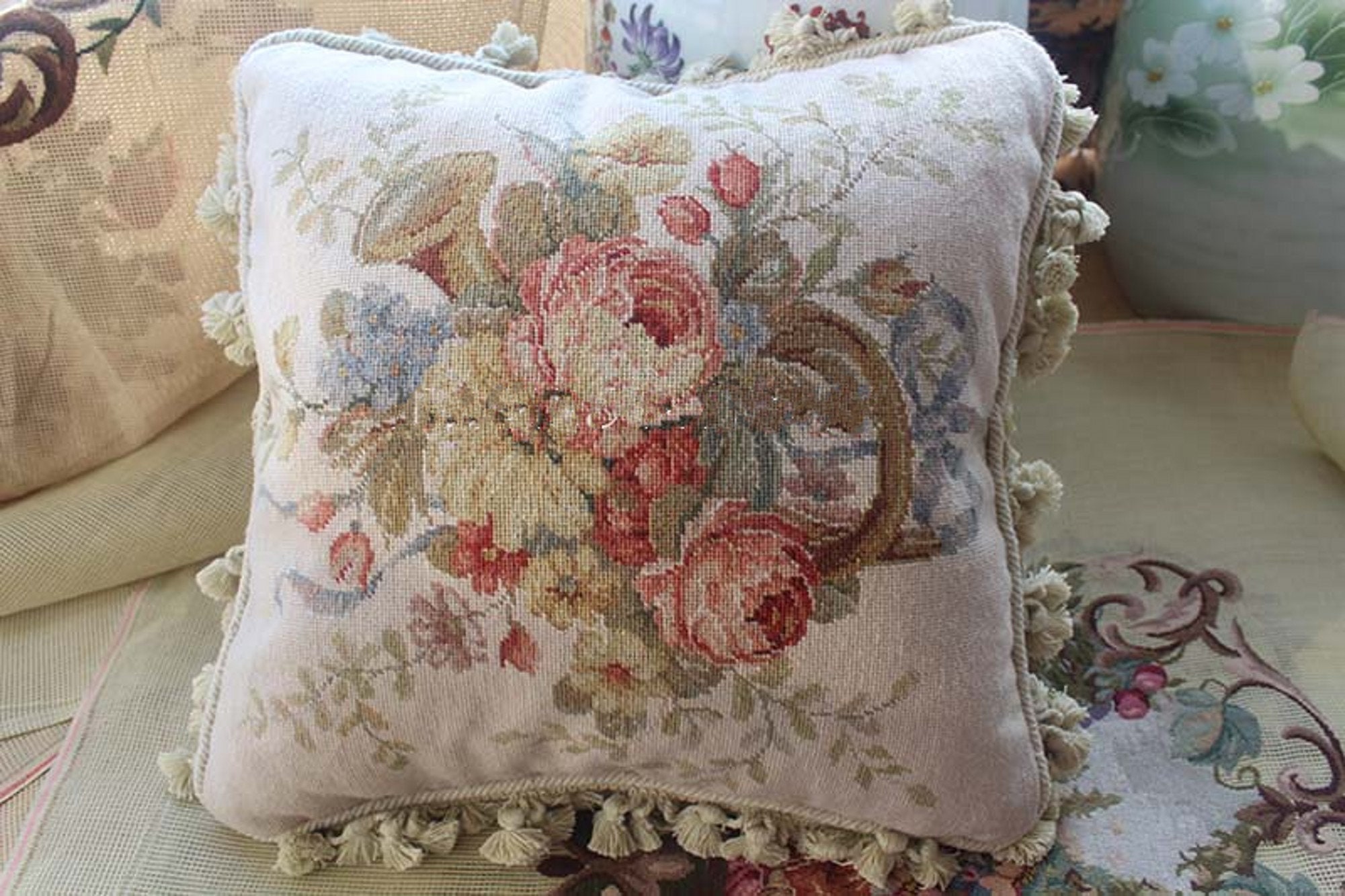 Tapestry Needlepoint Kits Pillow Floral Roses Aubusson Throw Etsy