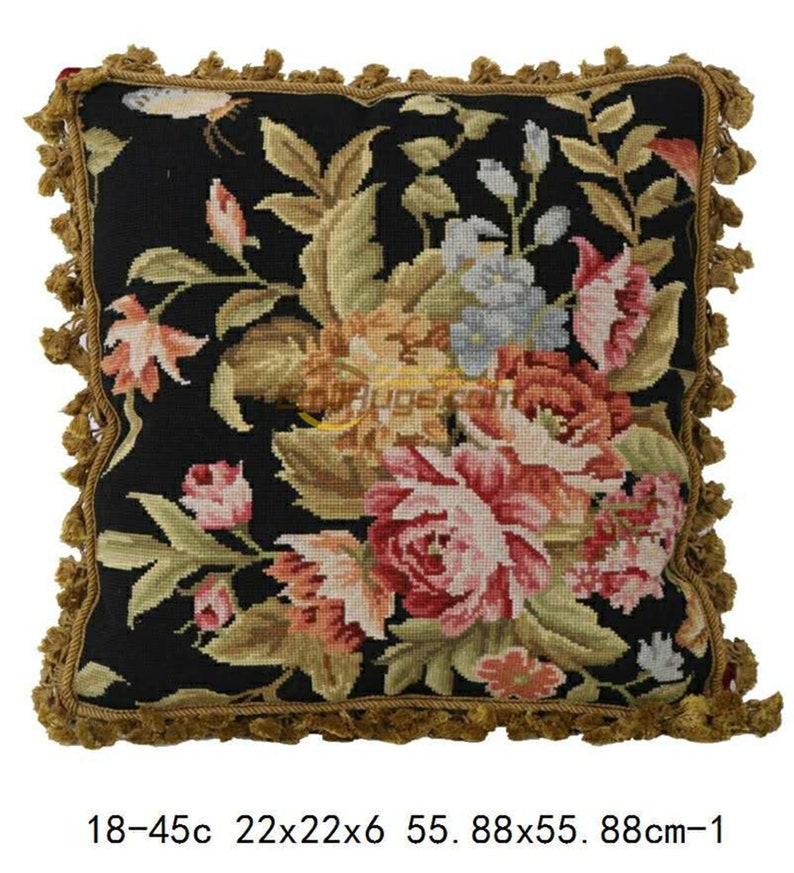 Black Needlepoint Throw Pillow Cover Antique Rustic Etsy