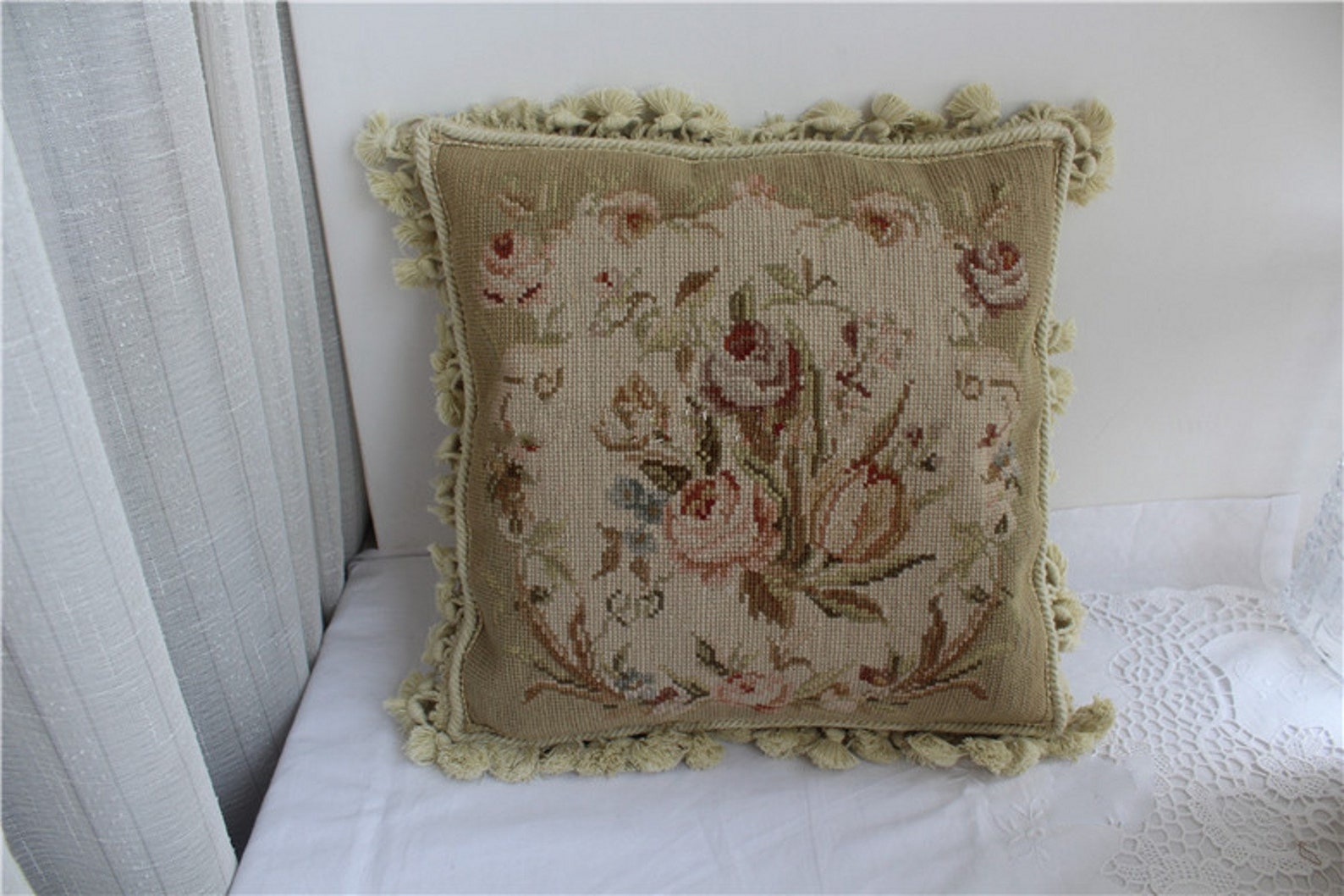 100 Wool Victorian Pillow Cover Tasseled Throw Pillow Beige Etsy