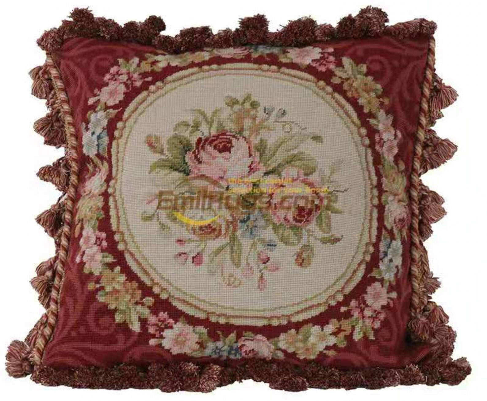 16x16 Throw Pillow Cover Red Needlepoint Pillow Fringed Etsy