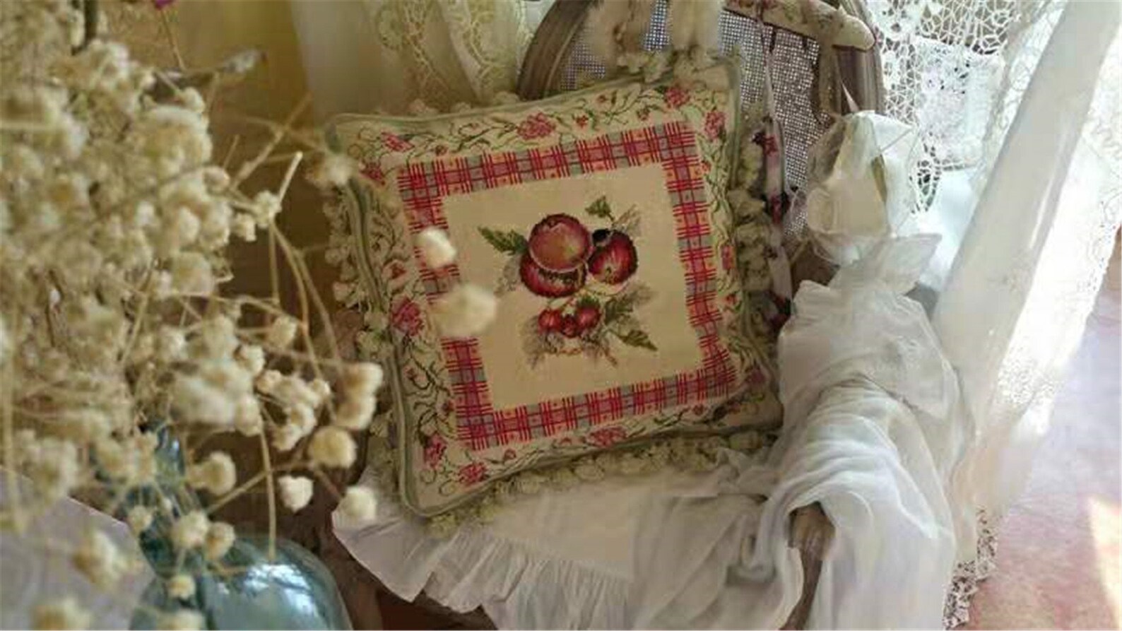 Vintage Chair Cushions Aubusson Pillows Fruit Pink Plaid Throw Etsy