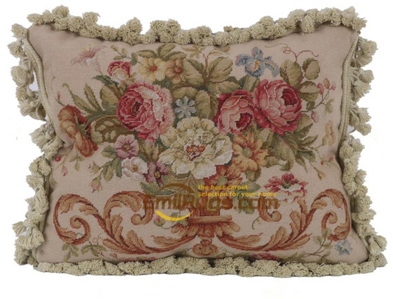 The tapestry features a beautiful rose in the center with floral and leafy details. handmade antique decorative pillows for couch floral shabby chic throw pillow cover flower needle point pillow finishing wool french pillow