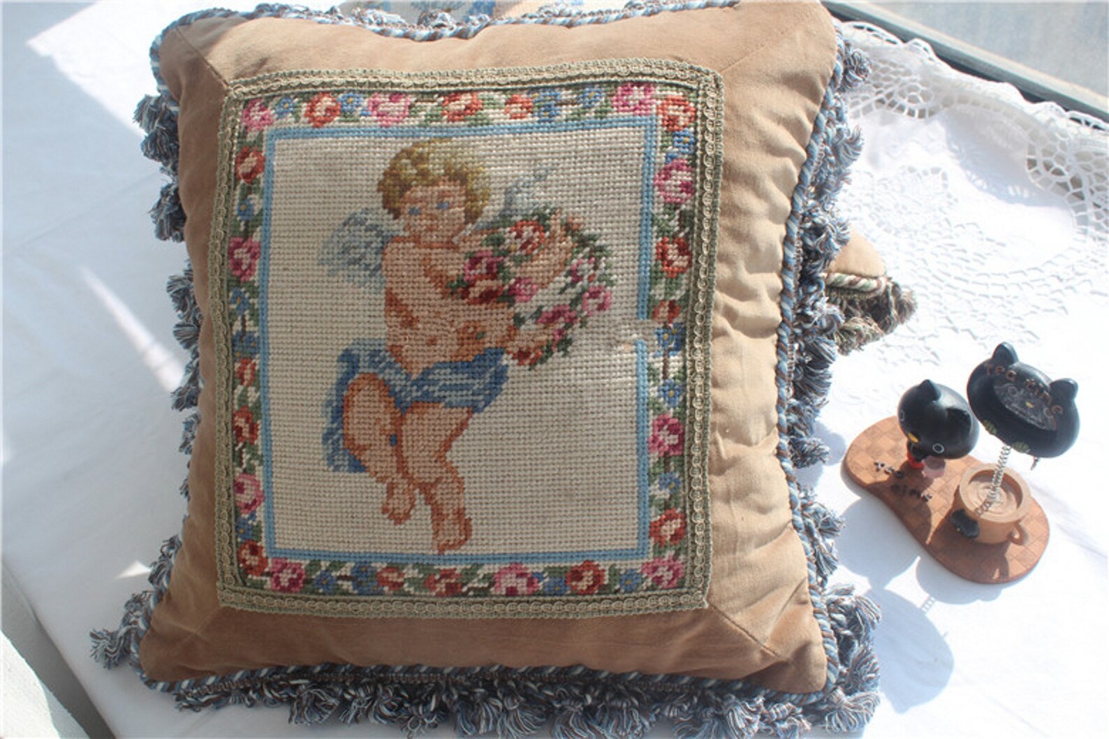 Vintage Victorian Needlepoint Angel Pillow Patchwork Throw Etsy