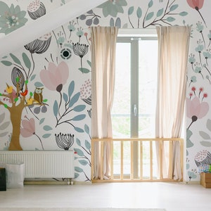 Nursery Wallpaper/Mural. Watercolor Floral. Peel and Stick and Traditional Wallpaper Options. Accent Wall. 100" Repeat.