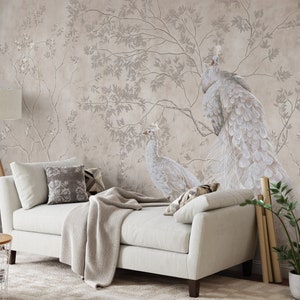Peacock Wallpaper Mural. Bedroom Mural Wallpaper. Removable Peel and Stick + Traditional Wallpaper Options. Floral Mural.
